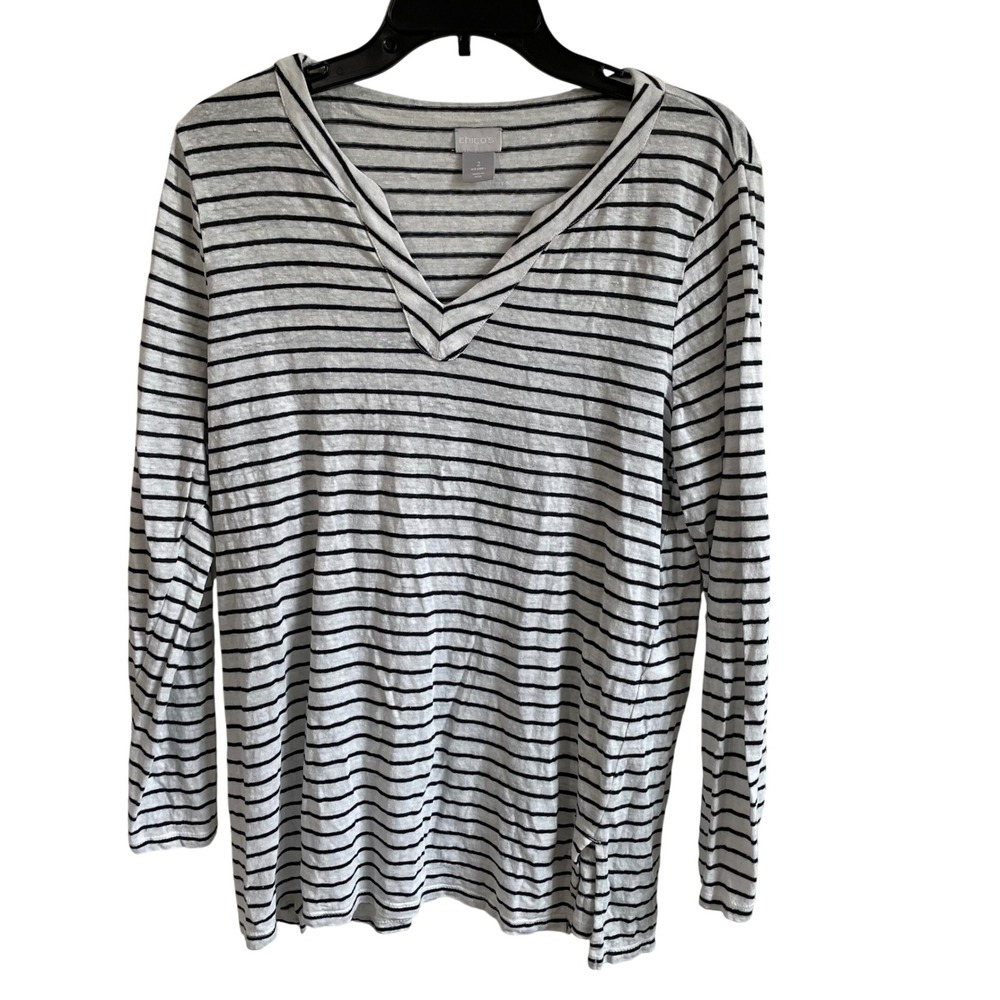 Chico's Striped Top V-Neck Long‎ Sleeve Casual Everyday Linen Blouse Size Large
